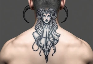 Powerful beautiful goddess being, with long ram like horns,seductive like tattoo idea