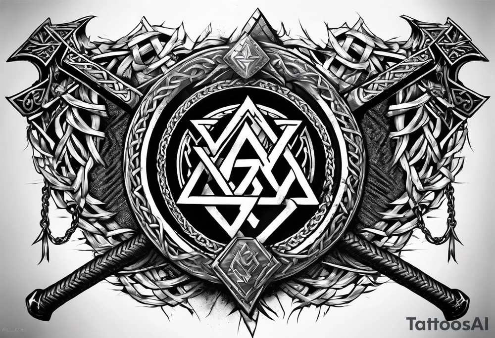 Valhalla  sword shield axe barbed wire chains valknut tattoo idea