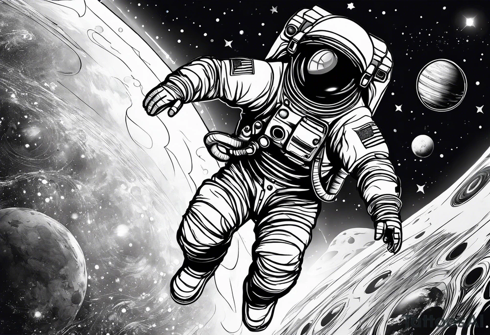 An astronaut floating in space with planets around him tattoo idea
