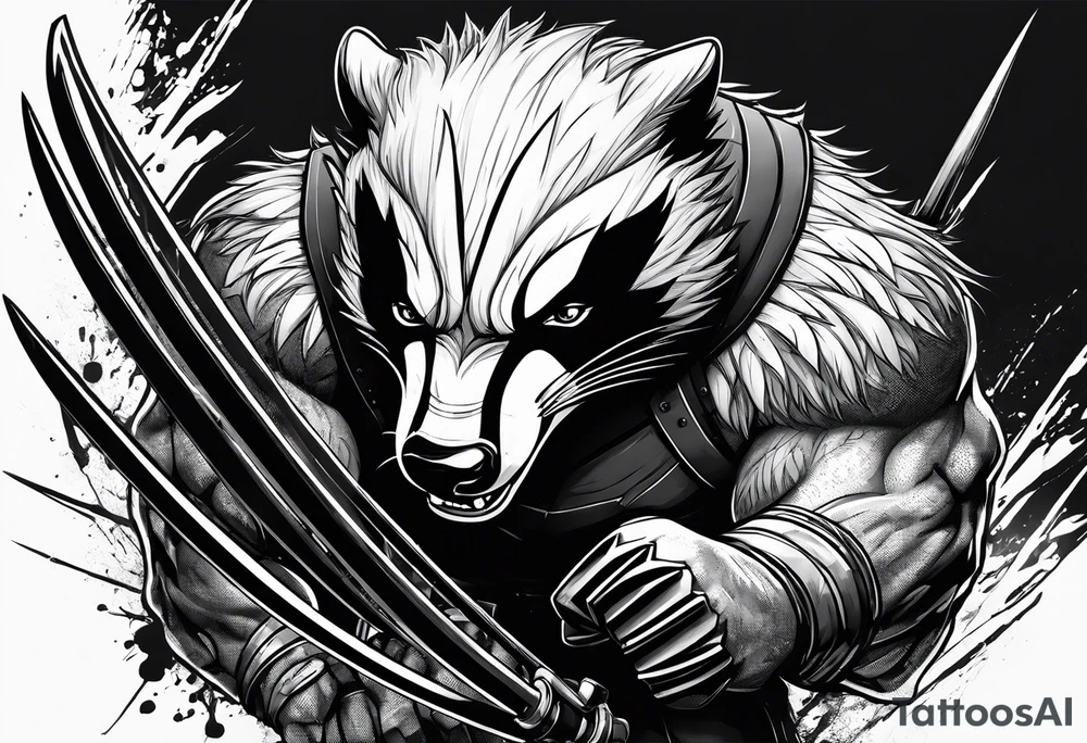 draw me badger/wolverine with aggressive full body show, killer face with cute smile, long nails and he attacks like a gladiator to enemy tattoo idea