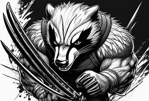 draw me badger/wolverine with aggressive full body show, killer face with cute smile, long nails and he attacks like a gladiator to enemy tattoo idea