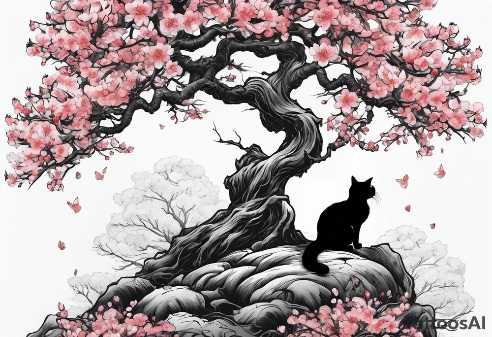 elongated cherry blossom branch meeting with a dying pine tree with hidden cute demon cat tattoo idea