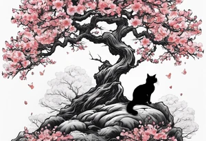 elongated cherry blossom branch meeting with a dying pine tree with hidden cute demon cat tattoo idea