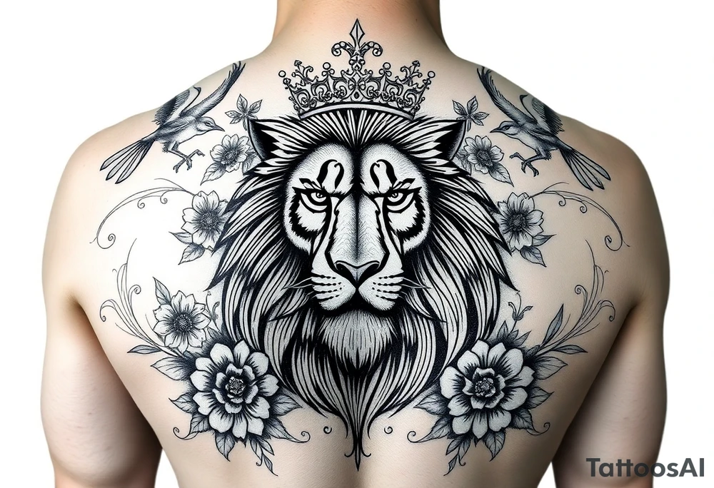 powerful majestic lion with a crown, surrounded by floral ornaments and birds tattoo idea