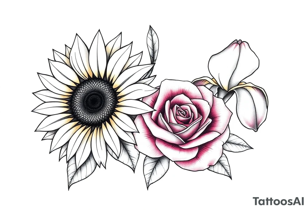 Sunflower,iris and a Rose flowers tattoo idea