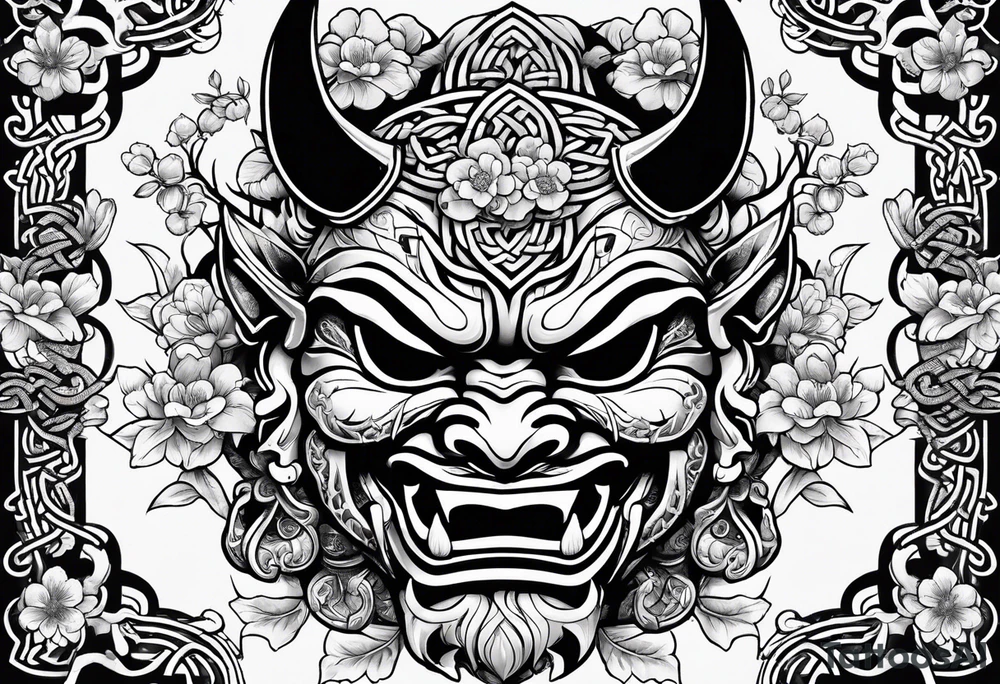 Oni mask with a cherry blossom background in a Celtic style tattoo idea