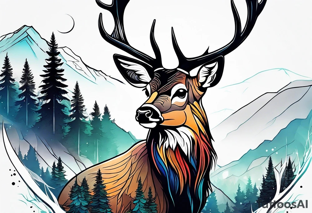 deer head  mountain forest tattoo idea