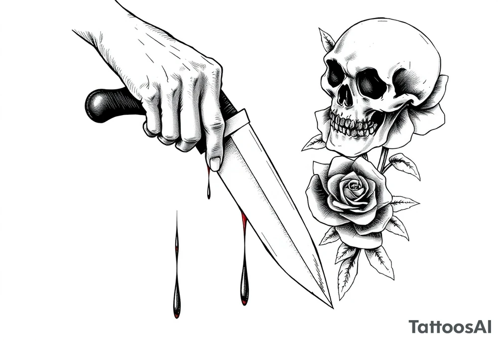 en el caos encontré mi forma favorita 
de amarte somos veneno y promesa.  Add around 

Woman’s hand reaching down grabbing blade handle, skeleton head on right under blade, rise on right under blade, blood dry from tip of blade, skeleton hand reaching for Blade tip. Just the hand and place above blade handle reaching for handle. Skull and rose underneath blade. Just the skeleton hand reaching for tip of knife which is dripping blood. tattoo idea