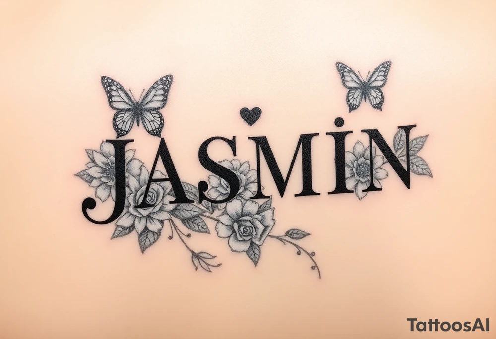I NEED THE NAME JASMIN, THE DOT IN THE LETTER I TO BE A HEART, AND  BUTTERFLIES AND SUNFLOWERS AND SOME ROSES. I WANT THE ROSES TO UNDER THE TOP PART OF THE LETTER “J” AND FOR THE SUNFLOWERS, I WANT THOSE TO BE UNDER THE LETTER “N”, I WANT 2 ROSES AND 3 SUNFLOWERS tattoo idea