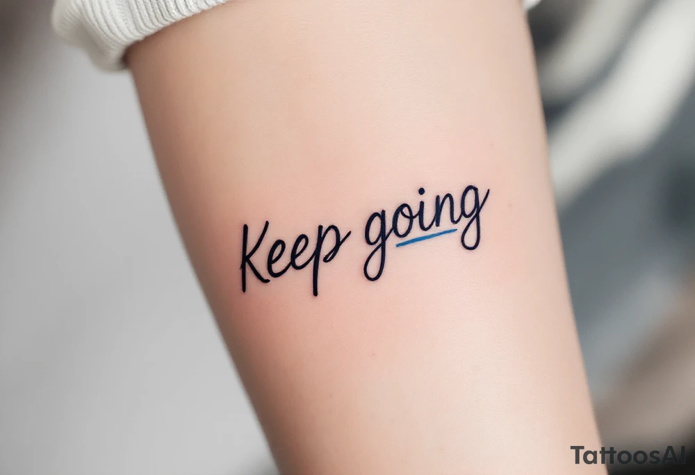 “Keep going” in sleek gray cursive, underlined with a cool blue wave. tattoo idea