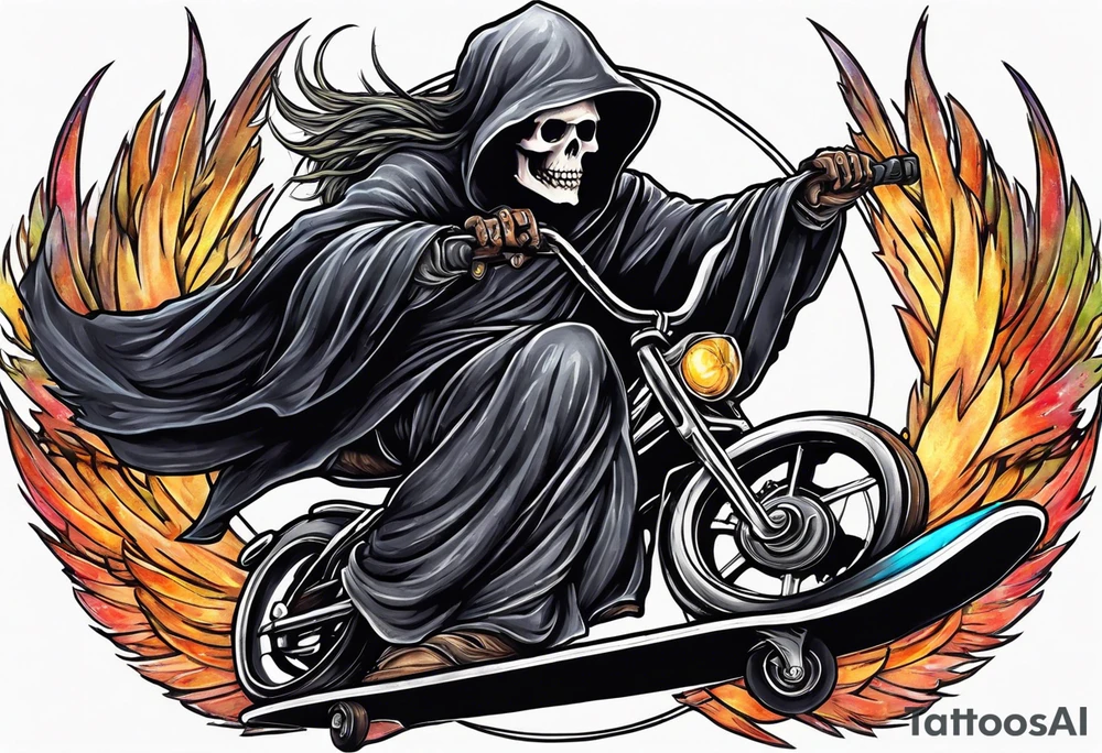 the grim reaper riding a skateboard with an angel halo above his head tattoo idea