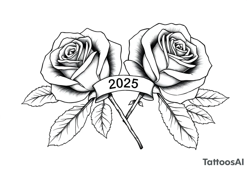 two big beautiful rose buds with leaves and separated by their cascading, intertwined stems joining as one. Add a small banner with the year "2025" on it, tying them together.  Add the following word "Rose" written in Kanji above the drawing. tattoo idea