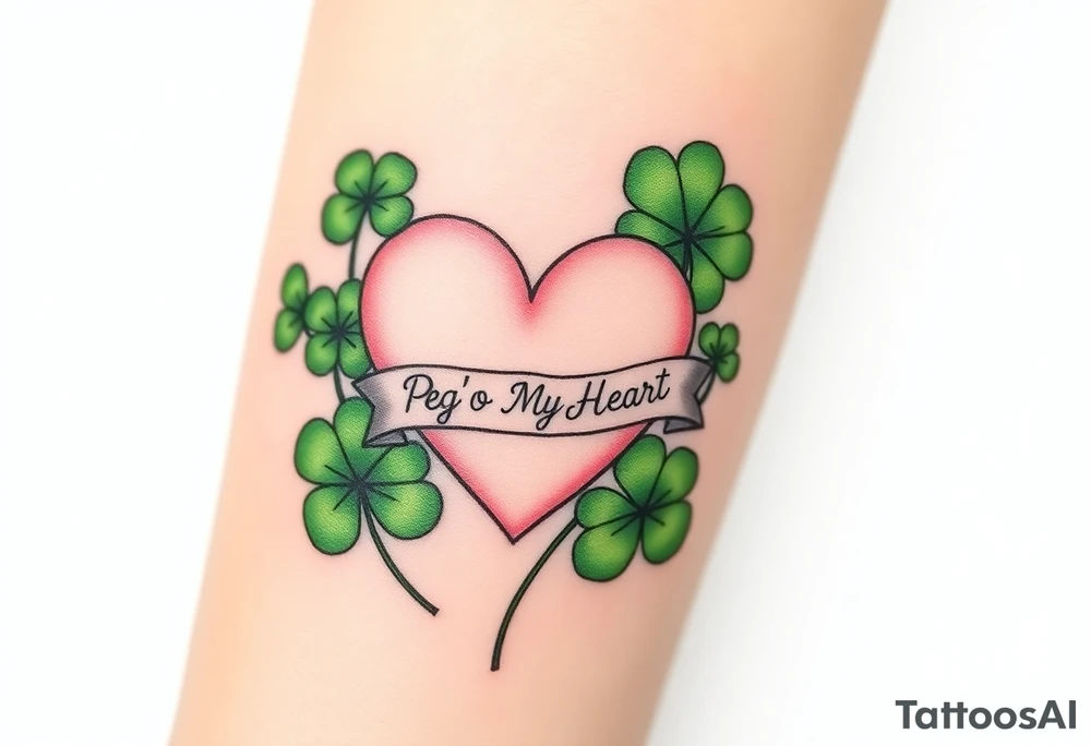 Big patch green shamrocks and a big pale pink heart with a banner across the heart that says Peg 'o My Heart tattoo idea