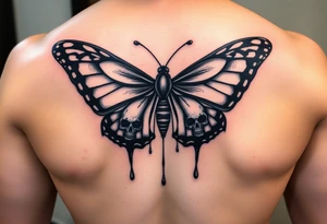 powerful majestic and dark monarch butterfly with skull detail in the wings
hidden skulls in wings, with a dripping effect, including some blue and red highlights tattoo idea