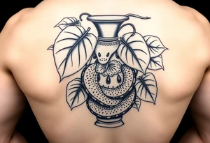 Large Decorative ornamental
 vase with large philodendron leaves with a snake wrapped around showing the head of the  snake in color tattoo idea