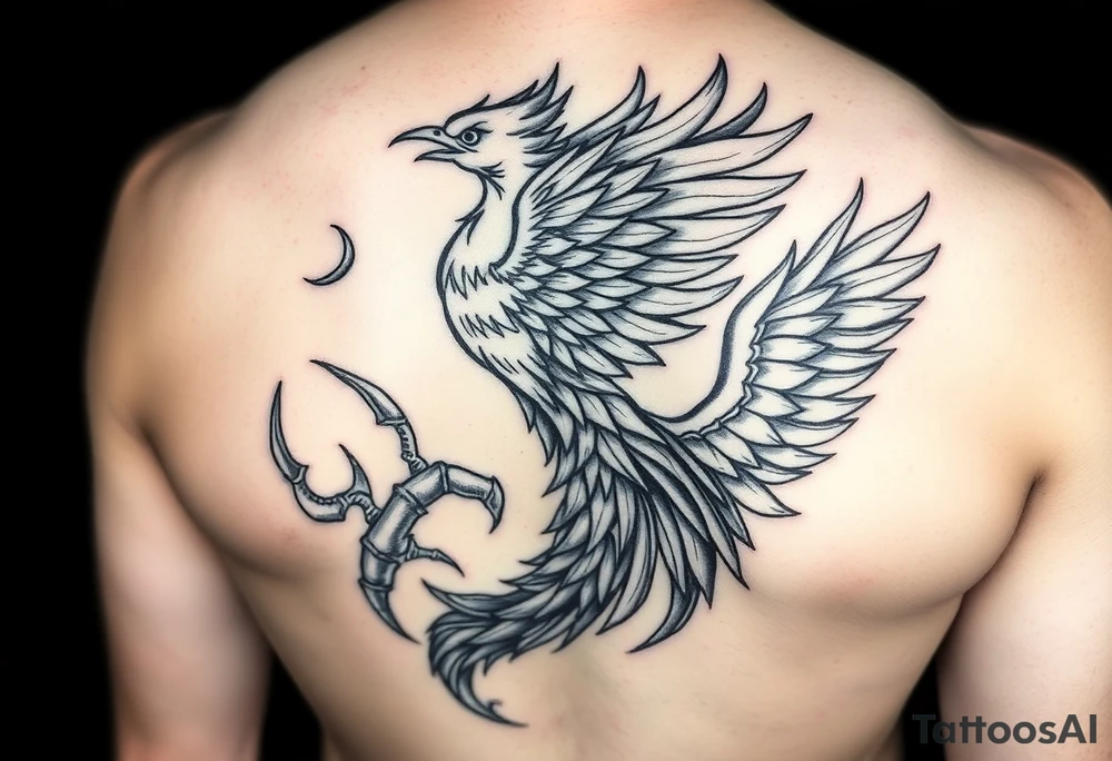 A phoenix with fiery feathers blending into swirling smoke. The tail feathers transition into scorpion pincers, scales subtly integrated. Eagle wings outlined in flames accent the overall design. tattoo idea