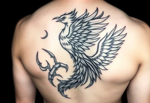 A phoenix with fiery feathers blending into swirling smoke. The tail feathers transition into scorpion pincers, scales subtly integrated. Eagle wings outlined in flames accent the overall design. tattoo idea