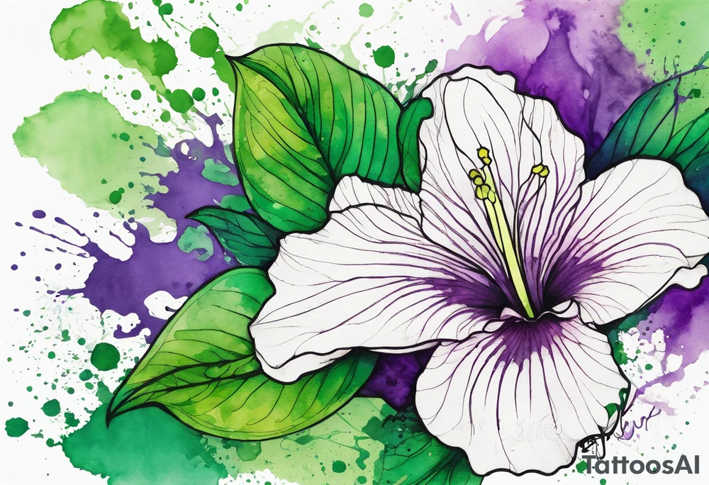 An outline of a green rio dipladenia flower and a green and purple watercolor splash in the background tattoo idea