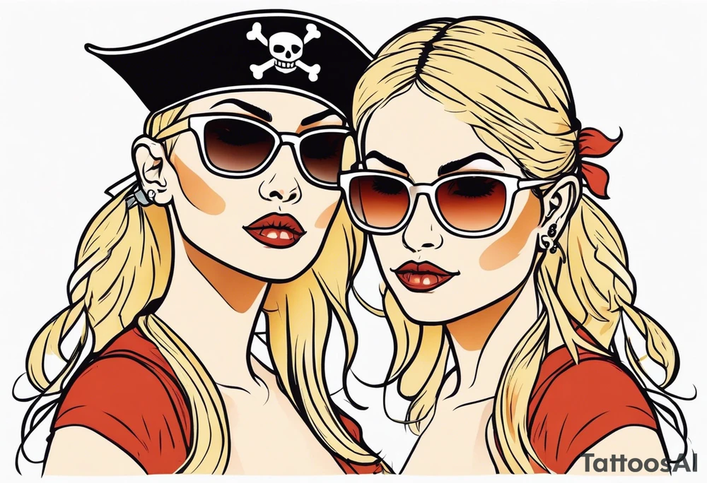 create a pirate flag with a feminine skull with two blonde pigtails and crossbones  wearing glasses. no hat tattoo idea