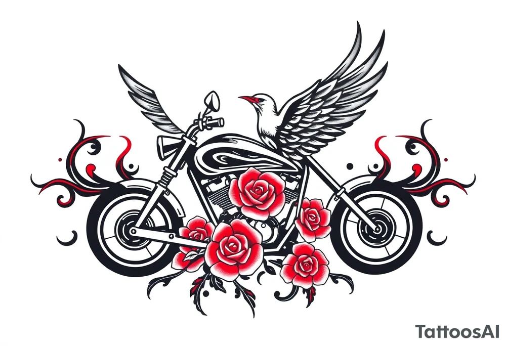 Motorcycle, red bird flying, roses and lace, flames tattoo idea
