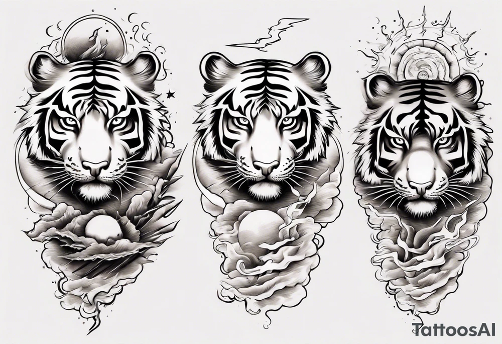 Tiger sleeve tattoo with lightning and the sun
Forearm sleeve tattoo idea