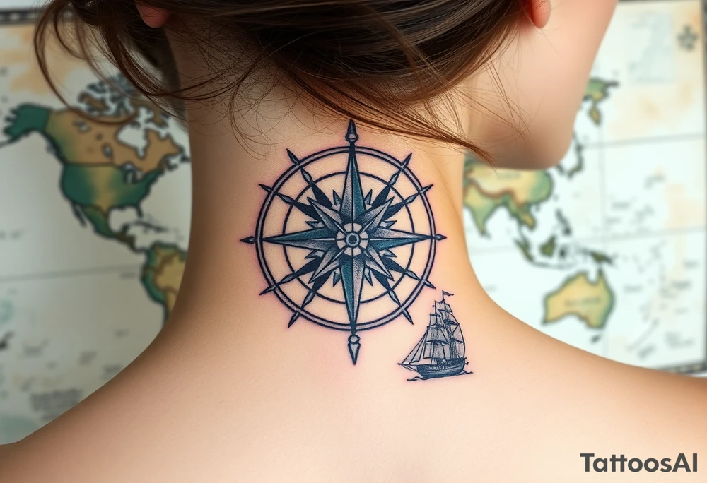 antique compass rose overlaid on weathered world map with sailing ships tattoo idea