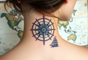 antique compass rose overlaid on weathered world map with sailing ships tattoo idea
