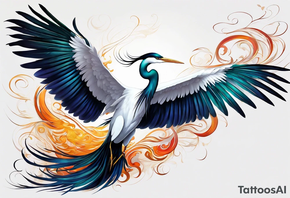 phoenix 
chinese 
egret
long tail 
elegant 
wings down
long neck
long feathers
in flight tattoo idea