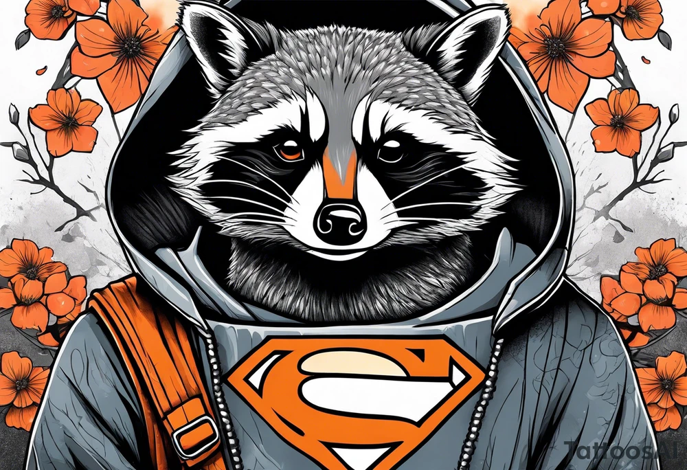 raccoon wearing a Superman hoodie with orange Japanese cherry blossoms tattoo idea