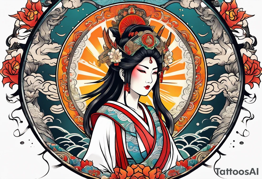 Japanese sun goddess Amaterasu with headdress and mirror tattoo idea