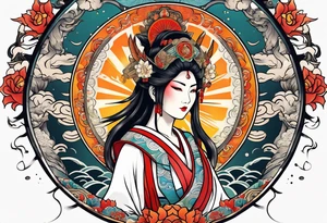 Japanese sun goddess Amaterasu with headdress and mirror tattoo idea