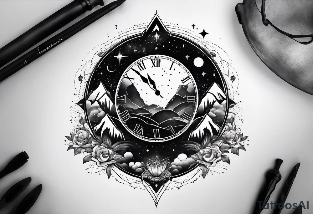 Time fading away surrounded by dark mist and galaxies tattoo idea