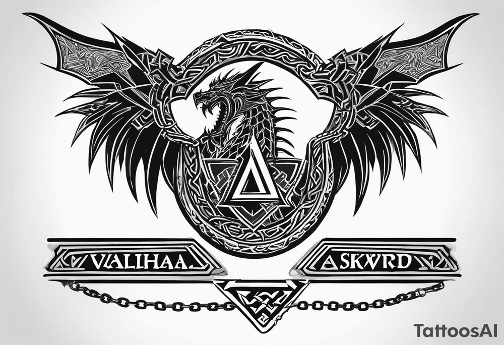 Valhalla sword shield dragon axe Valknut barbed wire chains tribal tattoo idea Valhalla sword shield dragon axe Valknut barbed wire chains tribal tattoo idea
