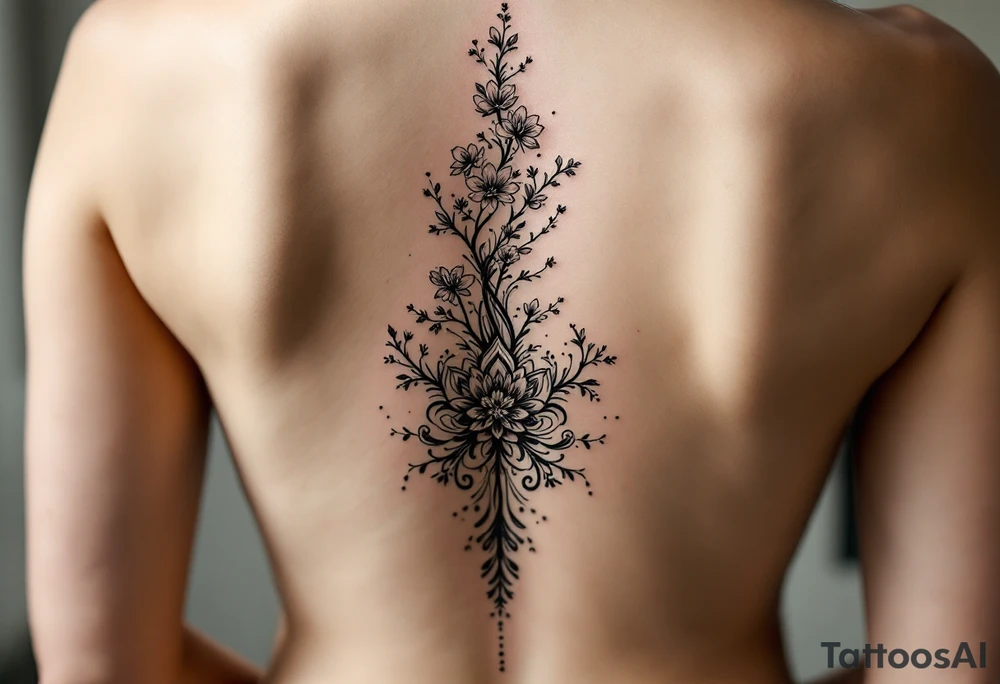 1.	Cherry Blossom Flow (Central Spine): A cascading cherry blossom flowing vertically along the spine to cover the central portion of the existing tattoo. Symmetrical patterns inspired by ornamental designs, with intricate curves and dotwork extending outward from the base of the spine. These elements should balance the floral motif and enhance the lower back area with a decorative, feminine flair.
	3.	Dotwork and Contouring: Delicate linework and dot patterns should be added around the floral design to give texture and seamlessly blend the tattoo with the surrounding skin. The ornamentation should curve naturally along the shape of the body, creating a cohesive, elegant look. tattoo idea