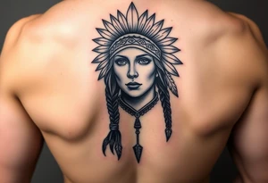 Native American girl with headdress the sun and arrowhead tattoo idea