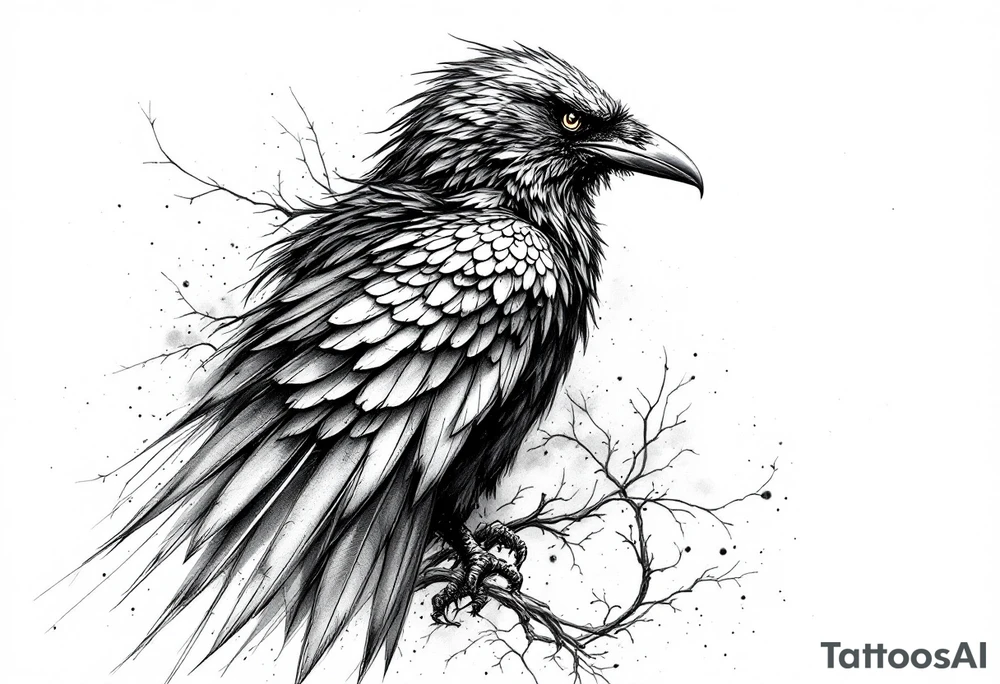 Raven on shoulder with wing extended onto chest tattoo idea