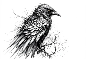 Raven on shoulder with wing extended onto chest tattoo idea