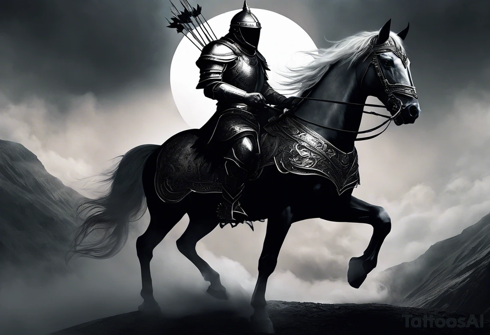 Dark art of the first horseman of the apocalypse. Wearing iron armor with a crown-shaped helmet, carrying a bow and arrows in one hand, he rides a white horse that is strong and slender, wearing shiny ornaments on his face. The horseman's face cannot be seen, as it is obscured by the darkness and fog in the image. tattoo idea