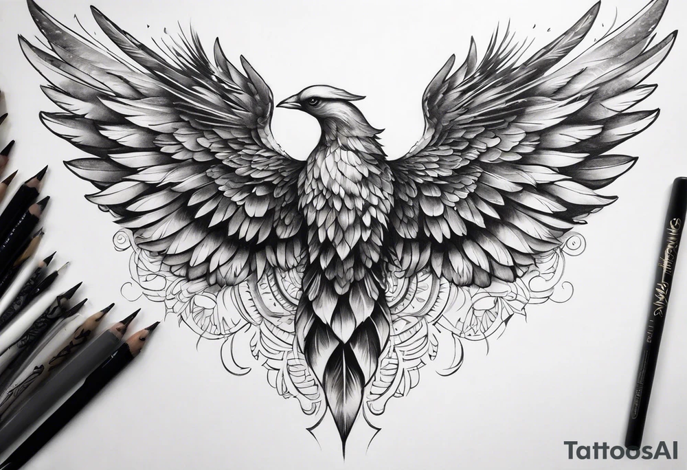 wings extending from the shoulders, covering the upper arms and upper back. The feathers are intricately detailed, with soft shading in black and gray to create depth and texture. The wings gently converge in the middle of the back, forming a harmonious and cohesive design. tattoo idea