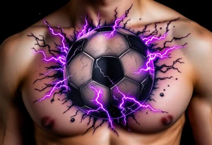 A black soccer ball with purple lightning bolts cracking across its surface. tattoo idea