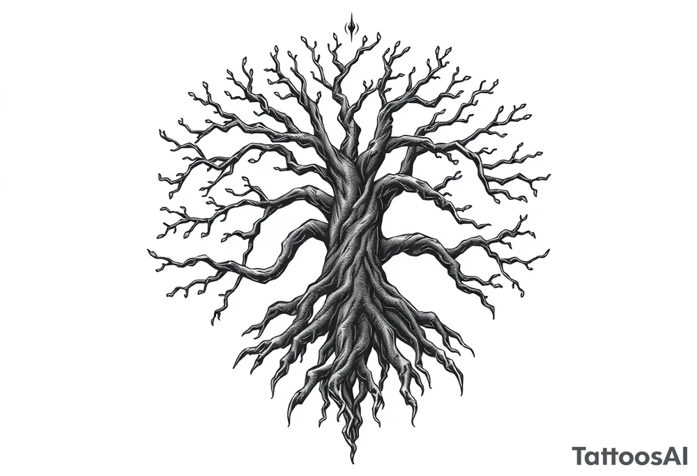 mystical tree of life with cosmic roots and celestial branches tattoo idea