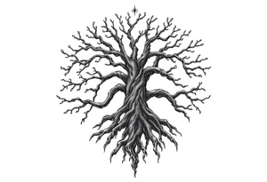 mystical tree of life with cosmic roots and celestial branches tattoo idea