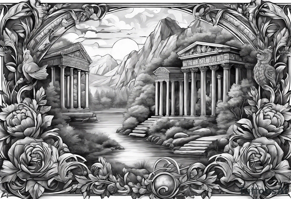 A sleeve of Roman objects, nature, and warriors tattoo idea
