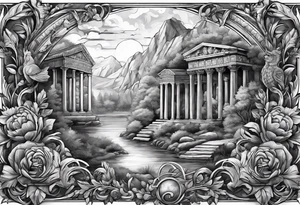 A sleeve of Roman objects, nature, and warriors tattoo idea