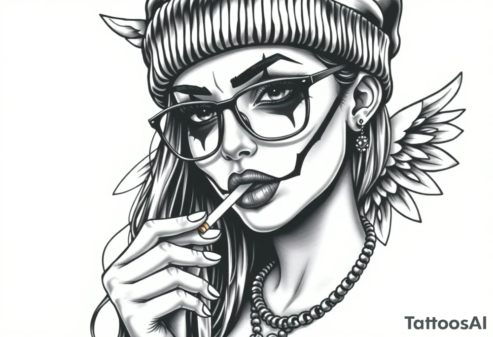 Chicana sexy beautiful long hair clown makeup angel wings thug beanie eyeglasses smoking a cigarette tattoo idea