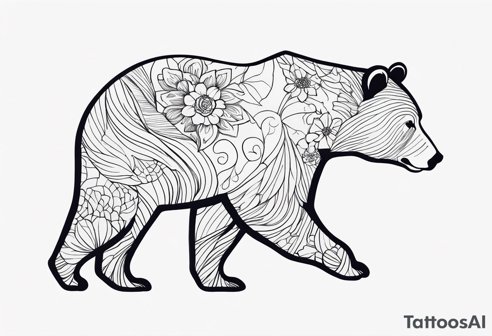 Profile of mama bear walking. The outline of the bear is a delicate floral pattern and solid lines. There are no facial features on the bear. tattoo idea