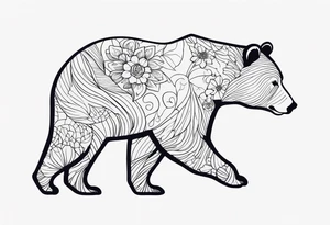 Profile of mama bear walking. The outline of the bear is a delicate floral pattern and solid lines. There are no facial features on the bear. tattoo idea