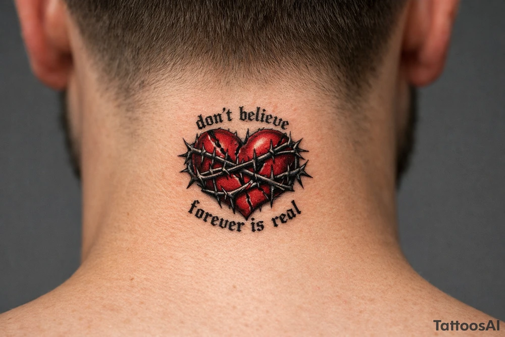 A realistic torn heart coiled together by thorns and around it it says “don’t believe forever is real” tattoo idea
