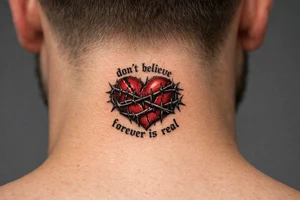A realistic torn heart coiled together by thorns and around it it says “don’t believe forever is real” tattoo idea