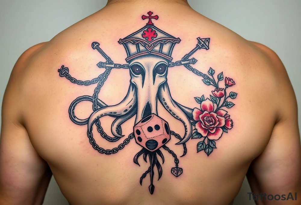 Squid and knight and sailor hat combined with chains, tree roots, cherry blossoms and roses rolling dice tattoo idea